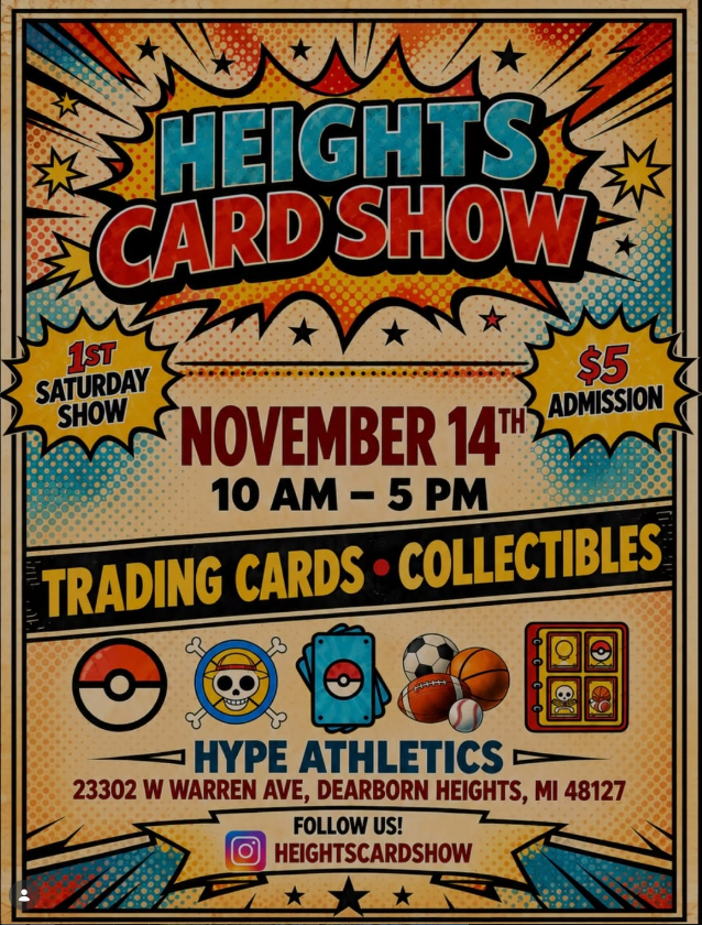 Official Heights Card Show poster: November 14, 10 AM–5 PM, $5 admission at HYPE Athletics