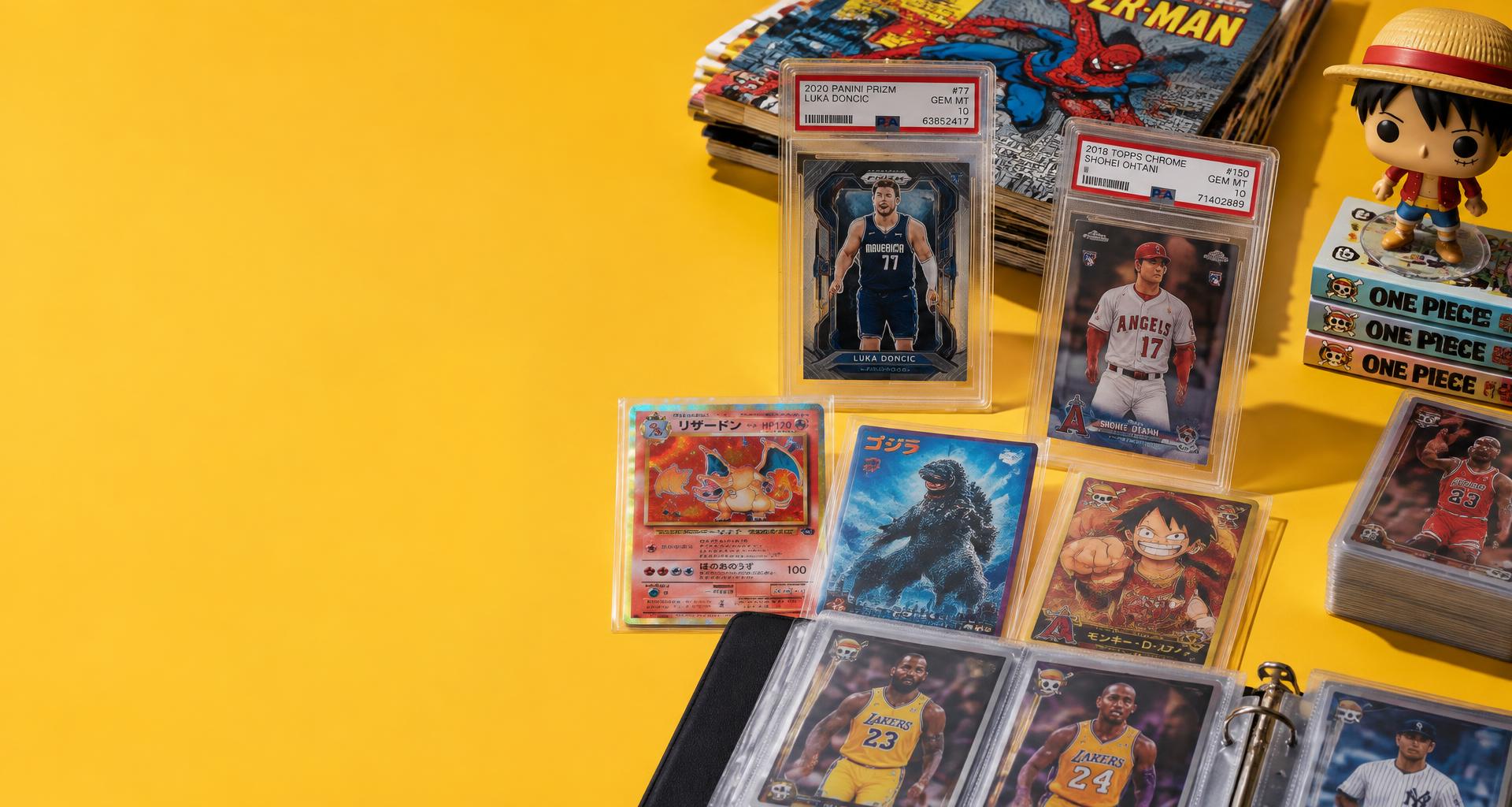 Trading cards in protective slabs, comics, a card binder and collectible figure